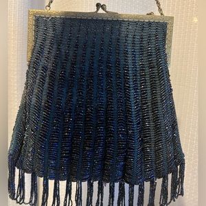 Large Antique Vintage Blue Beaded Purse Fringe Bag